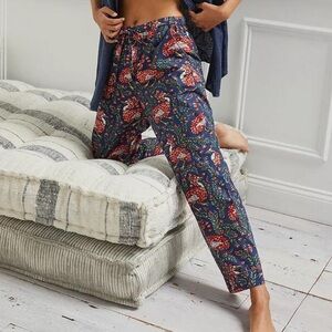 Anthropologie Printfresh Lotus Pajama Bottoms Cotton Poplin Egret Floral Bird